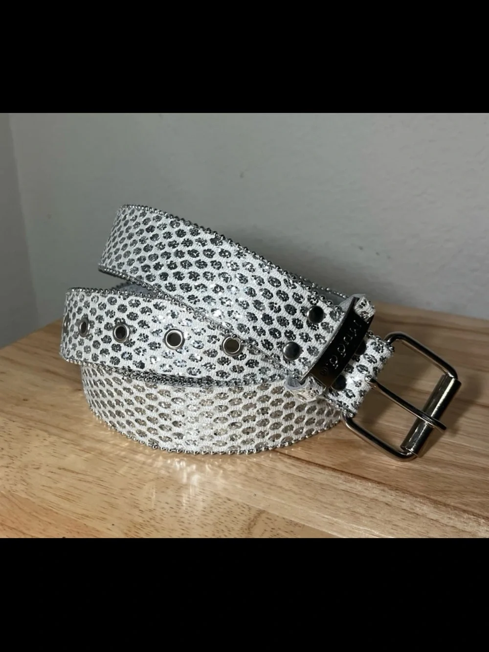 Y2K Mudd White Leather Bling Belt Glitter Zipper Edge Women’s XL